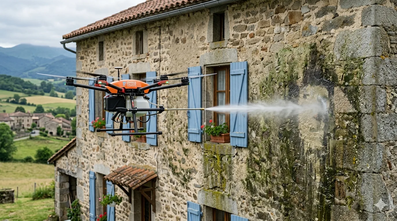 Nettoyage de façade par drone à Pau — dépôts verts et taches noires éliminés