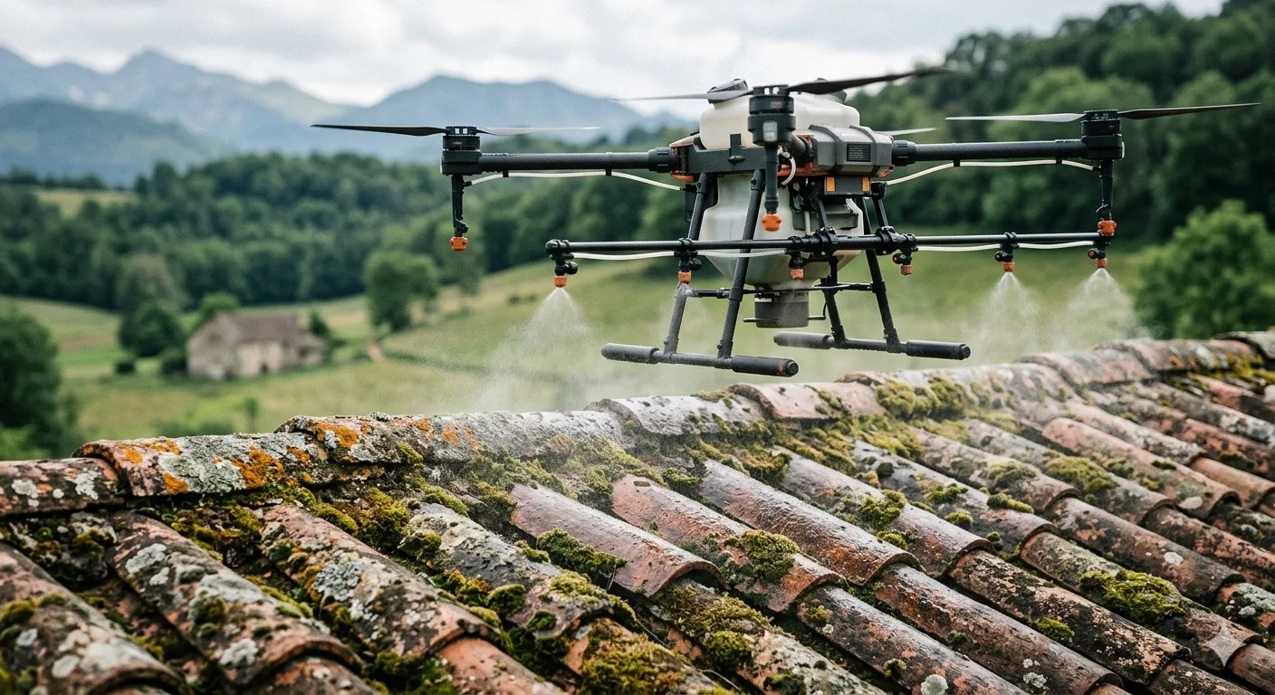 Démoussage de toiture par drone à Pau — traitement biocide professionnel en Béarn
