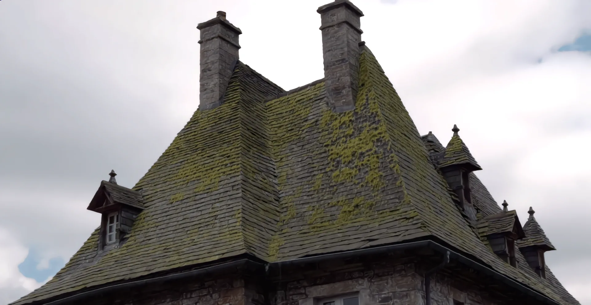 Toiture colonisée par les mousses et lichens avant traitement par drone en Béarn